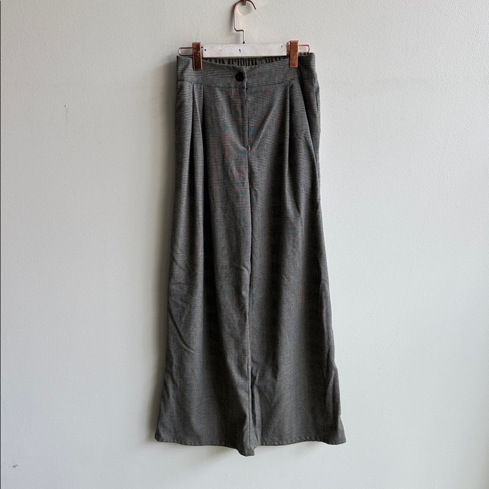 Wide Leg High-Waist Plaid Trousers - Gray